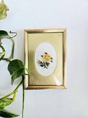 3/$75✨️Vintage Cross Stitch Yellow Rose Floral Artwork in Brass Frame | 1970s